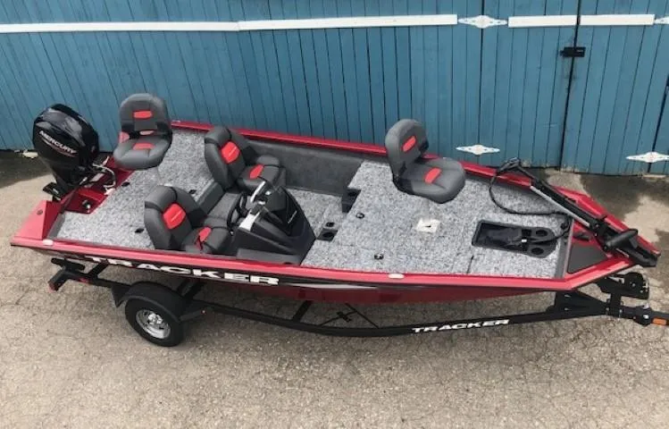 Slide: The Image of 2025 Tracker Pro Team 175 TXW fishing boat with red and gray design. - 7