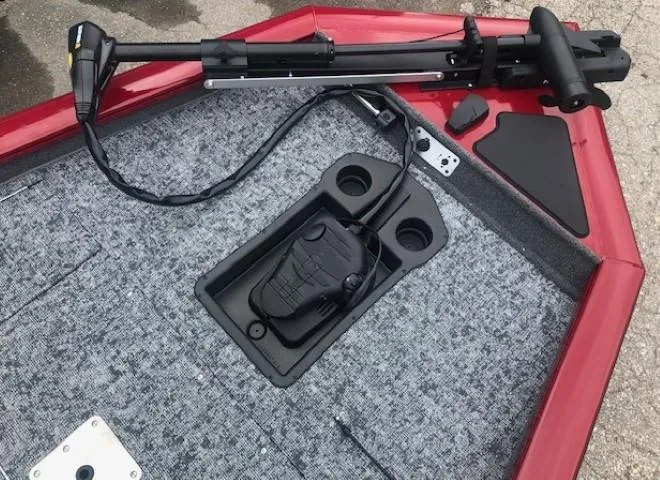 Slide: The Image of 2025 Tracker Pro Team 175 TXW boat deck with trolling motor and foot pedal. - 9