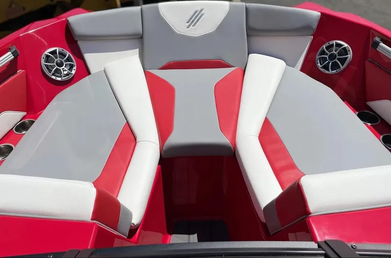 Slide: The Image of Interior seating of 2024 ATX 20 Type-S boat with red, white, and gray upholstery. - 18