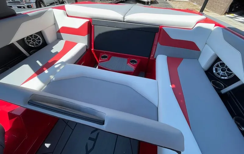 Slide: The Image of Interior seating of 2024 ATX 20 Type-S boat with red and white upholstery. - 21