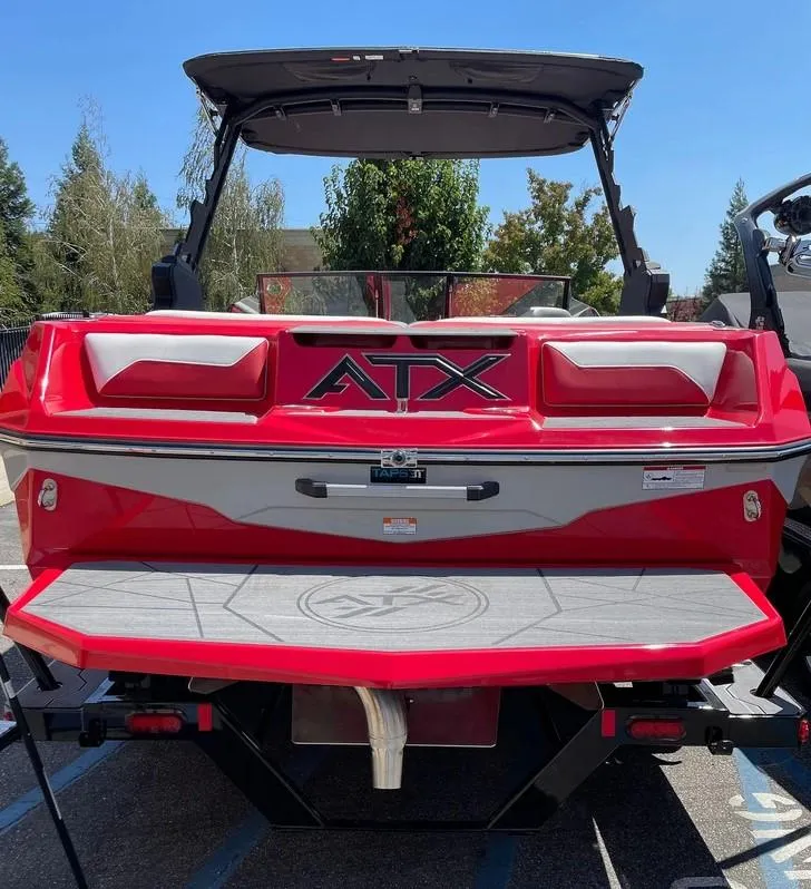 Slide: The Image of 2024 ATX 20 Type-S boat, rear view, red and white color scheme, parked outdoors. - 6