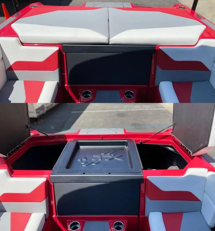 Slide: The Image of 2024 ATX 20 Type-S boat interior with red and white seating and storage compartments. - 9