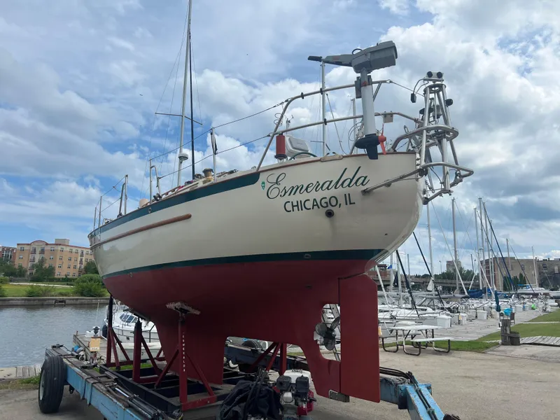 Slide: The Image of 1994 Pacific Seacraft 34 sailboat Esmeralda on trailer in Chicago marina. - 2