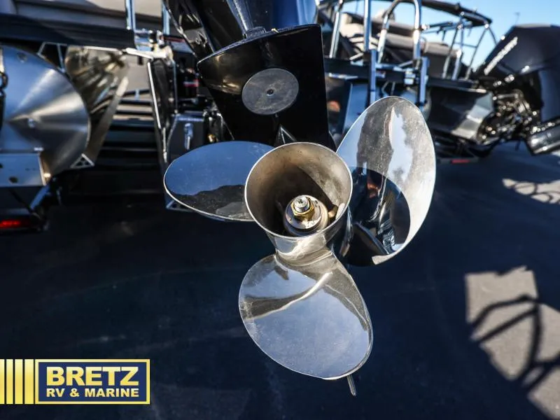 Slide: The Image of Close-up of a shiny boat propeller, Aria Ultra-Lounge A22UC 2025 model, at Bretz RV & Marine. - 12