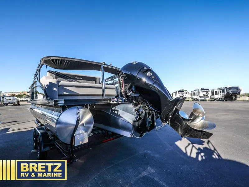 Slide: The Image of 2025 Aria Ultra-Lounge A22UC pontoon boat with powerful outboard motor at Bretz RV & Marine. - 5