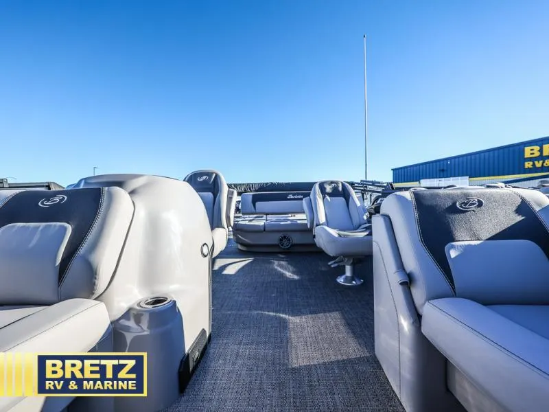 Slide: The Image of 2025 Aria Ultra-Lounge A22UC pontoon boat interior at Bretz RV & Marine dealership. - 8