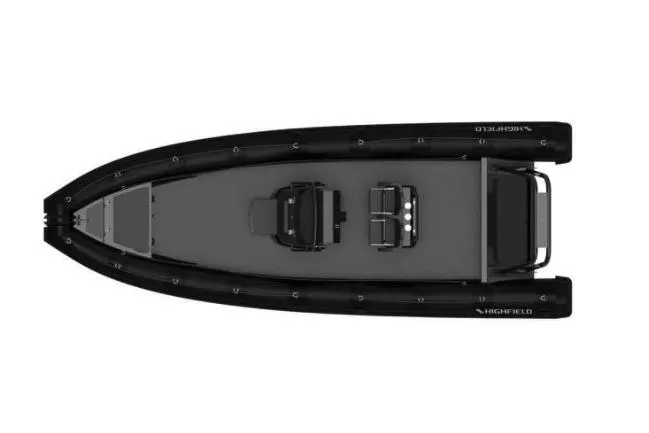 Slide: The Image of Highfield Patrol 860 boat on calm lake, 2026 model. - 3