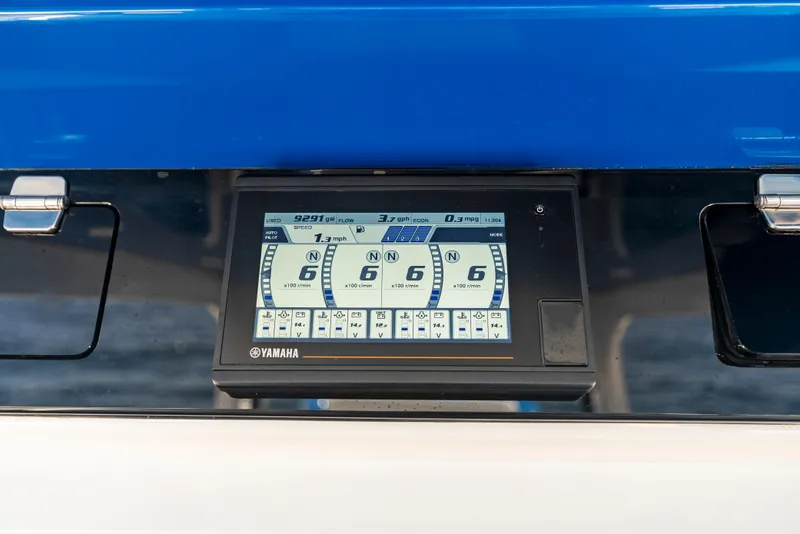 Slide: The Image of Yamaha display on 2022 HCB Suenos boat dashboard, showing engine data. - 25