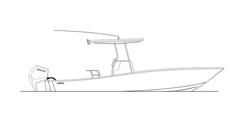 The Image of Line drawing of 2025 Conch 25 Bay boat with Mercury outboard motor. - 1