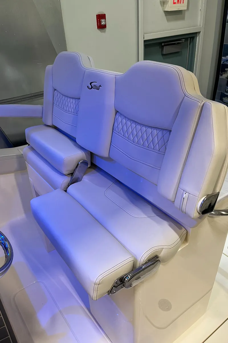 Slide: The Image of 2025 Scout 260 LXF boat with luxurious seating. - 16