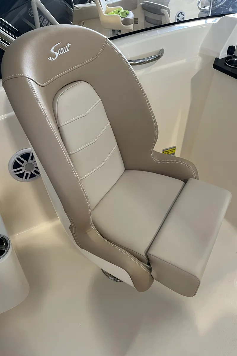Slide: The Image of 2024 Scout 215 Dorado boat seat, beige and white upholstery. - 10