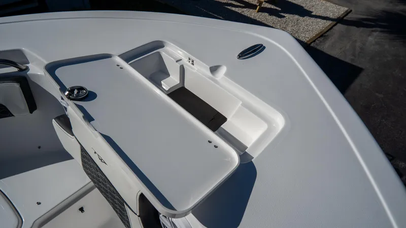 Slide: The Image of 2025 Tidewater 220 LXF boat deck with storage compartments. - 23