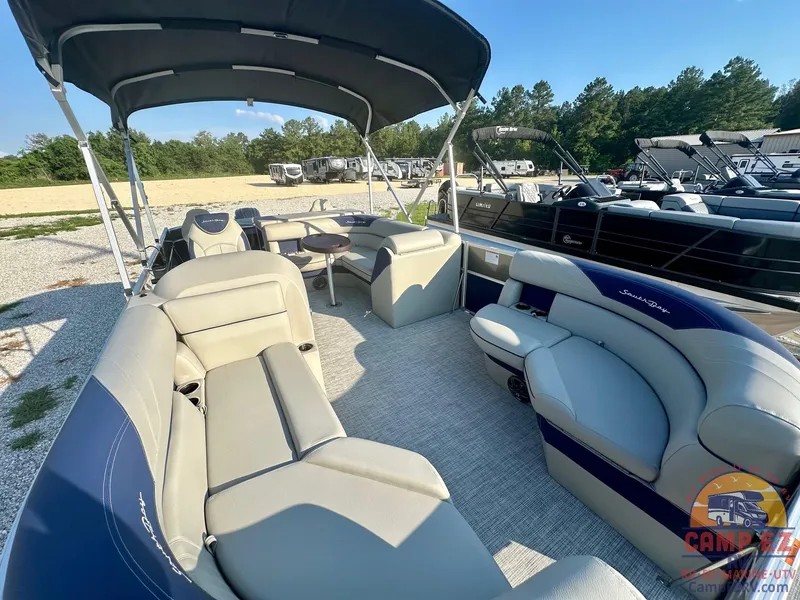 Slide: The Image of 2025 South Bay 224FCR LE pontoon boat with spacious seating and canopy. - 8