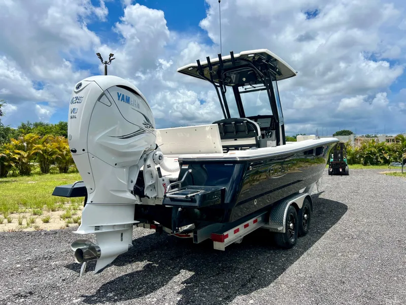 Slide: The Image of 2022 Robalo 266 Cayman boat with Yamaha engine on a trailer. - 40
