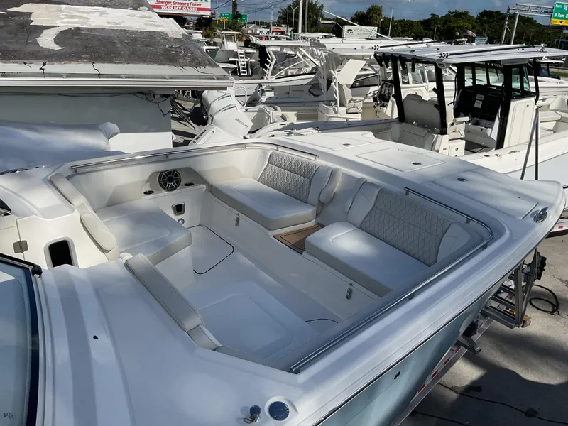 Slide: The Image of 2025 World Cat 400 DC-IS boat interior with spacious seating and modern design. - 26