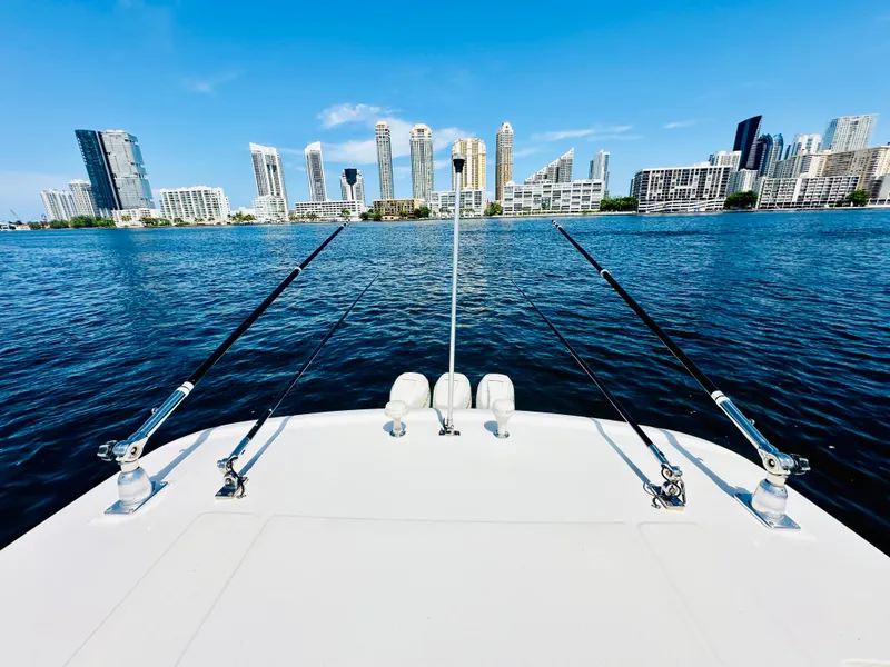 Slide: The Image of 2016 Boston Whaler 350 Outrage boat with fishing rods, city skyline in background. - 27