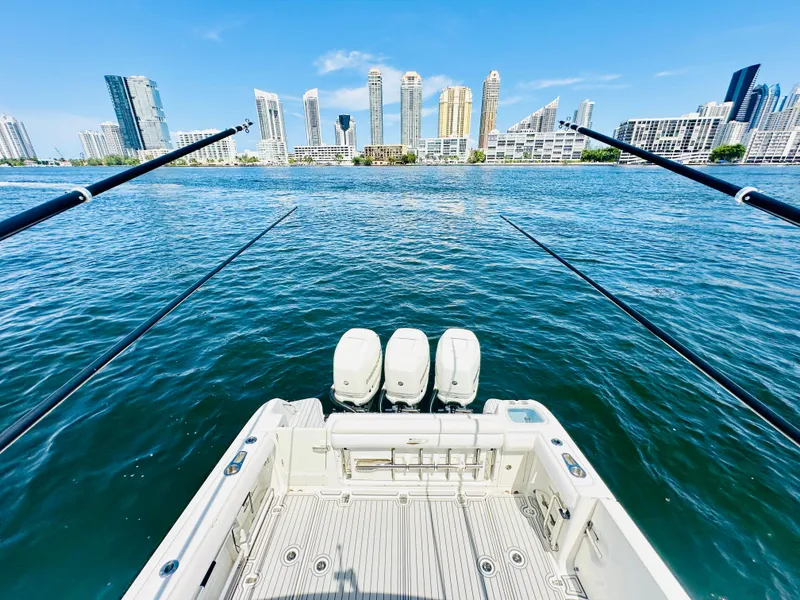 Slide: The Image of Boston Whaler 350 Outrage 2016 on water with city skyline in background. - 28