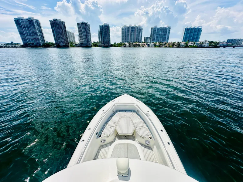 Slide: The Image of Boston Whaler 350 Outrage 2016 on water, city skyline in background, sunny day. - 29