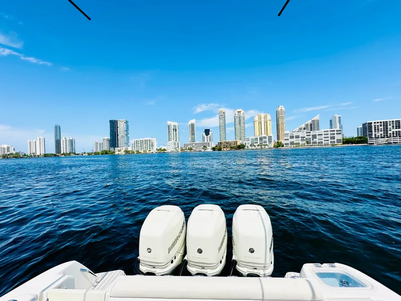 Slide: The Image of 2016 Boston Whaler 350 Outrage on water with city skyline in background. - 30