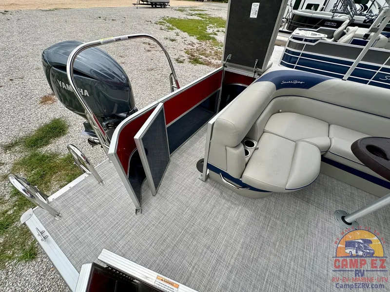Slide: The Image of 2025 South Bay 224CR LE pontoon boat with Yamaha outboard motor and comfortable seating. - 18