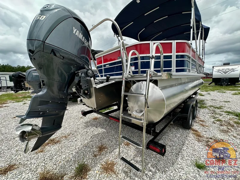 Slide: The Image of 2025 South Bay 224CR LE pontoon boat with Yamaha 150 engine, rear view. - 6