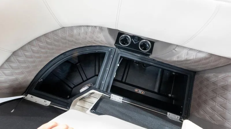 Slide: The Image of 2021 Harris SUNLINER 230 SLDH boat storage compartments with quilted upholstery. - 27