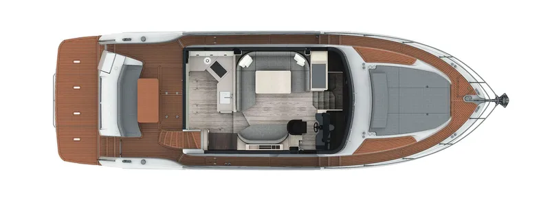 Slide: The Image of Top view of 2025 Absolute 48 Navetta yacht layout with spacious deck and modern interior. - 20