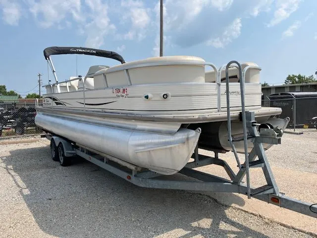The Image of 2005 Sun Tracker Party Barge 27 I/O pontoon boat on a trailer. - 0