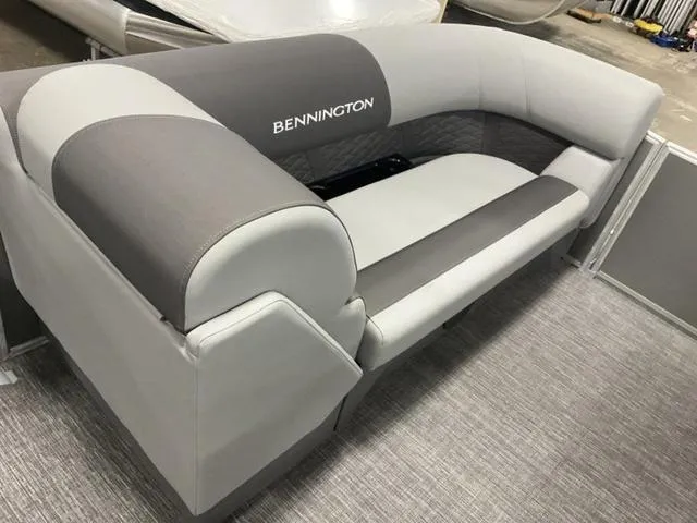 Slide: The Image of 2025 Bennington 188 SL Pontoon L Bench, gray and white upholstery. - 10