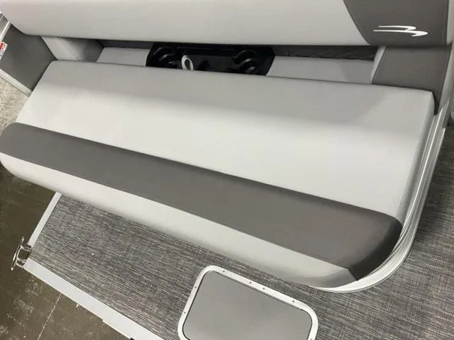 Slide: The Image of 2025 Bennington 188 SL Pontoon L Bench seat, gray upholstery, storage compartment. - 7