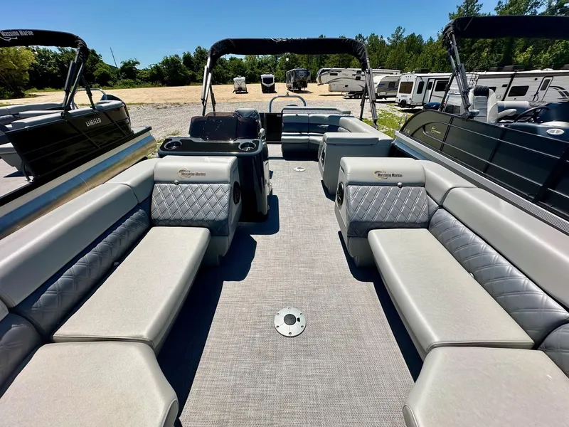 Slide: The Image of 2024 Massimo Marine P24-Limited Max pontoon boat with spacious seating and modern design. - 5