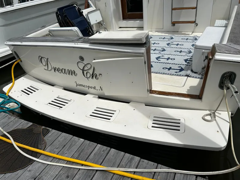 Slide: The Image of Interior view of a 1990 Egg Harbor 42 Golden Egg yacht with skylight and branding. - 22