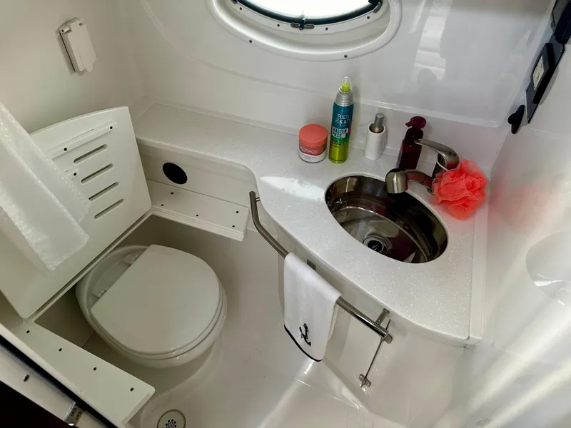 Slide: The Image of Bathroom interior of 2021 Monterey 335 Sport Yacht with sink and toilet. - 32