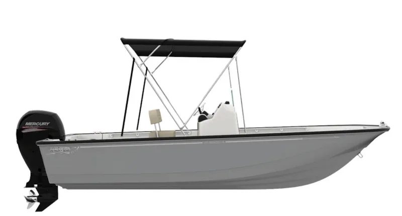 Slide: The Image of 2025 Boston Whaler 190 Montauk boat with Mercury outboard motor and black bimini top. - 15