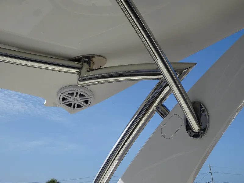 Slide: The Image of Close-up of 2018 Cobalt R30 boat's stainless steel frame and speaker. - 28