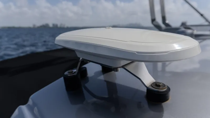 Slide: The Image of Rooftop detail of 2023 Azimut Atlantis 45 yacht against ocean backdrop. - 13