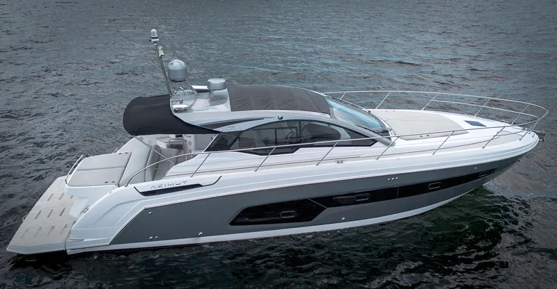 Slide: The Image of 2023 Azimut Atlantis 45 yacht on water, sleek design, luxury features. - 5