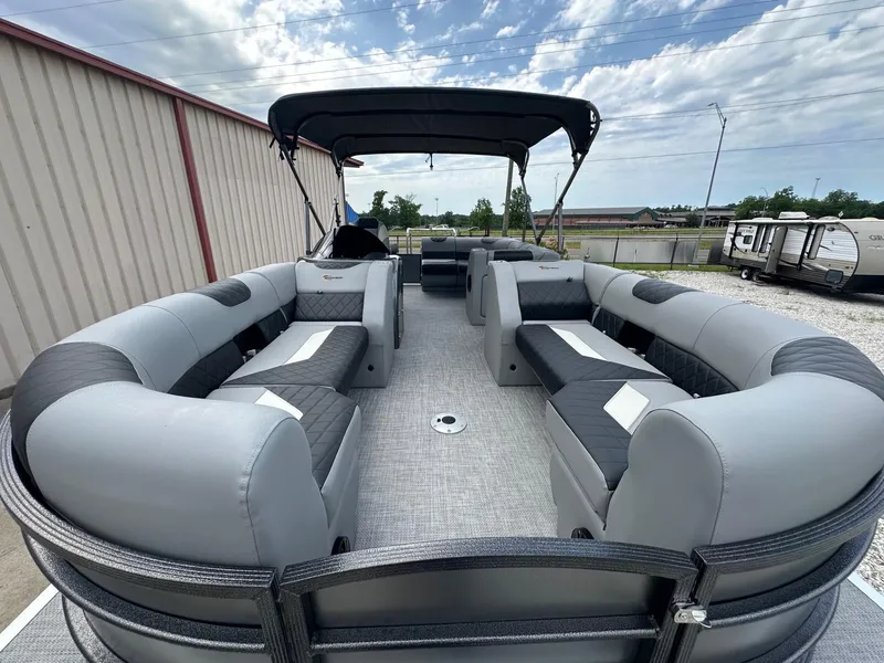 Slide: The Image of 2024 Massimo Marine P-21R pontoon boat with spacious seating and canopy. - 4