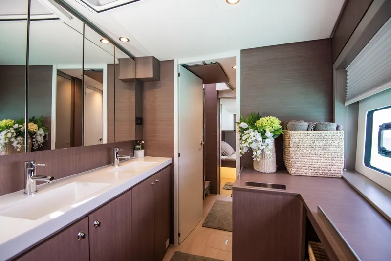 Slide: The Image of Luxurious bathroom interior of 2021 Bali 4.8 yacht with dual sinks and elegant decor. - 27