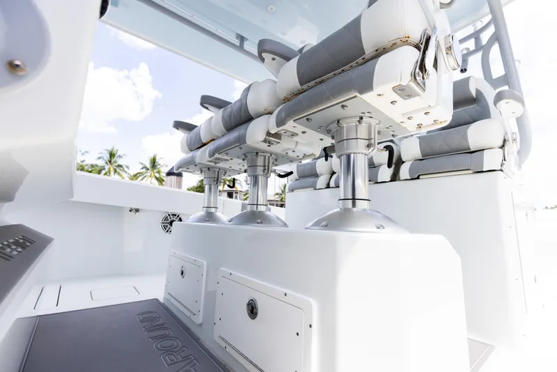 Slide: The Image of 2019 Freeman 42 LR boat interior with cushioned seating and storage compartments. - 37