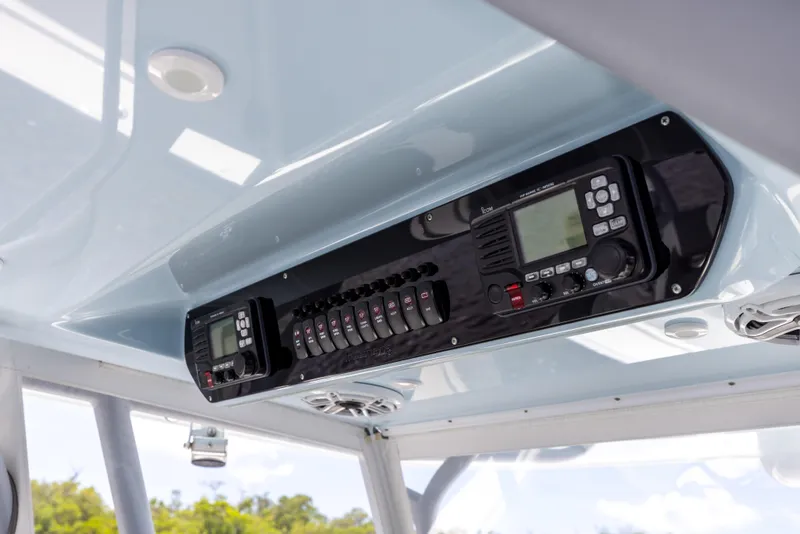 Slide: The Image of Control panel of a 2019 Freeman 42 LR boat with electronic displays. - 46