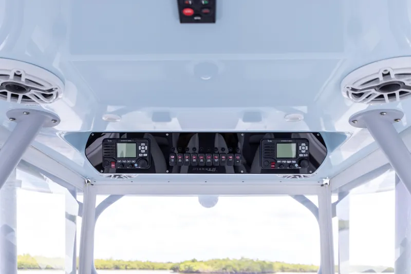 Slide: The Image of Control panel of a 2019 Freeman 42 LR boat with electronic displays. - 47
