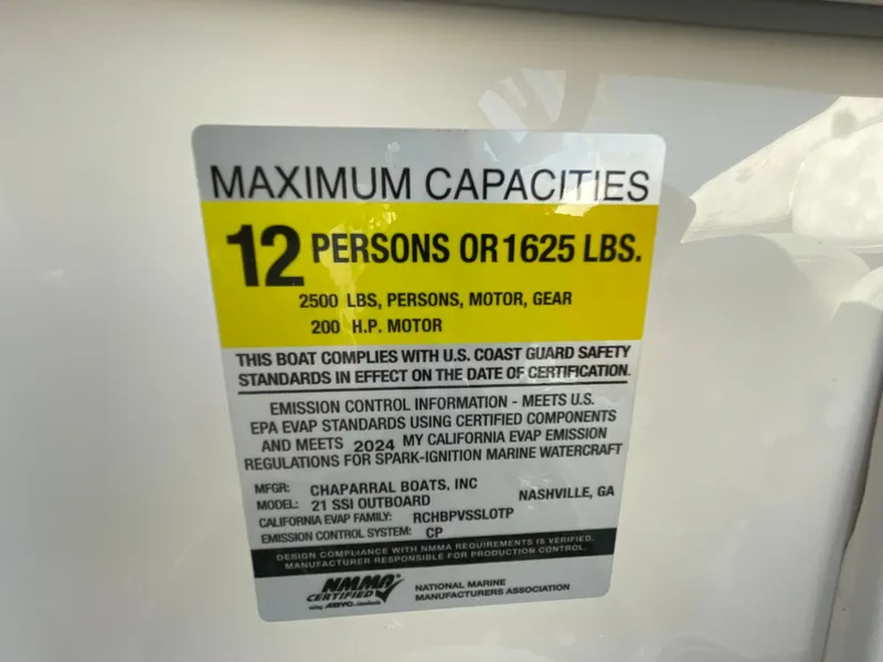 Slide: The Image of 2024 Chaparral 21 SSi OB maximum capacity label, 12 persons or 1625 lbs, 200 HP motor. - 24