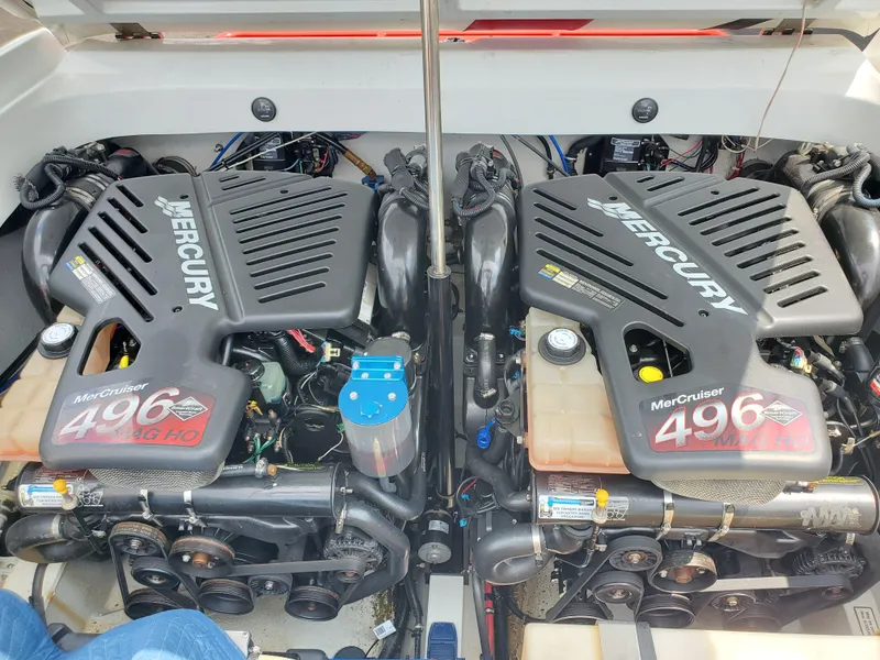 Slide: The Image of Twin MerCruiser 496 MAG HO engines in a 2007 Baja Outlaw 35 boat. - 26
