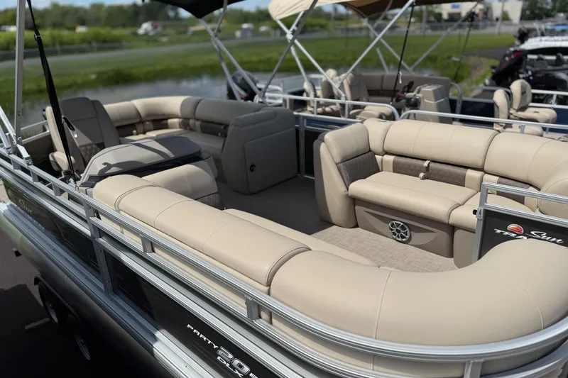 Slide: The Image of 2024 Sun Tracker Party Barge 20 DLX with spacious seating and modern design. - 3