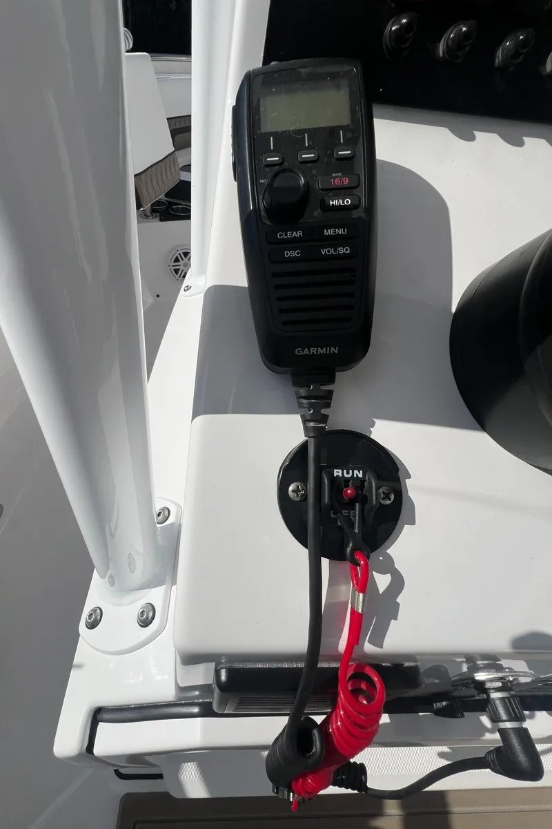 Slide: The Image of Garmin marine radio on 2025 Blackfin 222 CC center console boat. - 34
