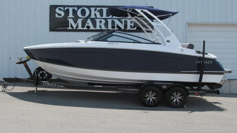 Slide: The Image of 2025 Cobalt R4 boat on trailer at Stokley Marine dealership. - 1