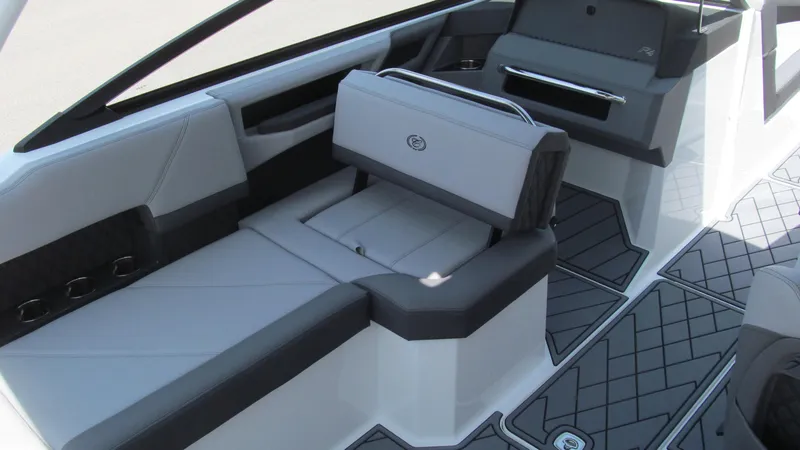 Slide: The Image of 2025 Cobalt R4 boat interior with luxurious seating and modern design. - 10