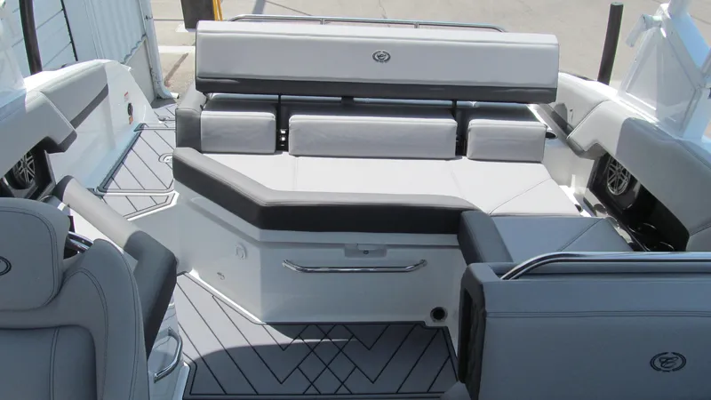 Slide: The Image of Luxury seating area on the 2025 Cobalt R4 boat, featuring modern design and comfort. - 14