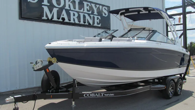 Slide: The Image of 2025 Cobalt R4 boat on trailer at Stokley's Marine. - 2